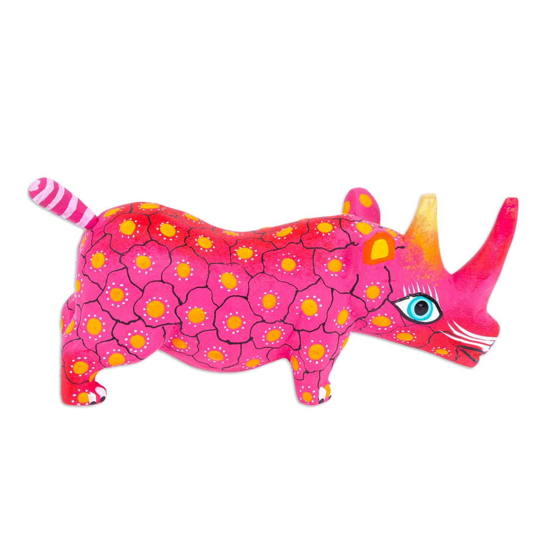 Mexican Hand-Painted Wood Alebrije Rhino Figurine in Pink - Cute Rhino in Pink