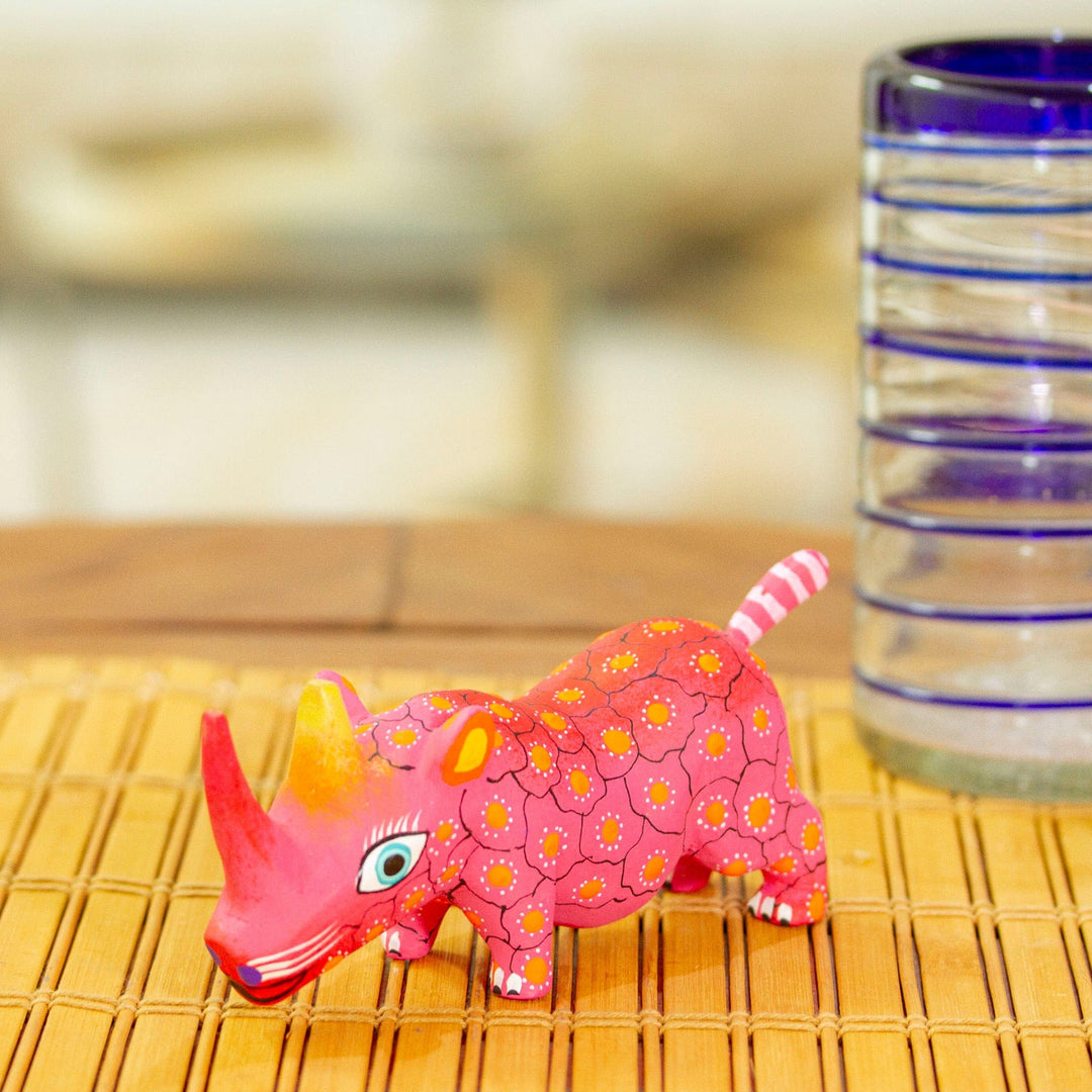 Mexican Hand-Painted Wood Alebrije Rhino Figurine in Pink - Cute Rhino in Pink