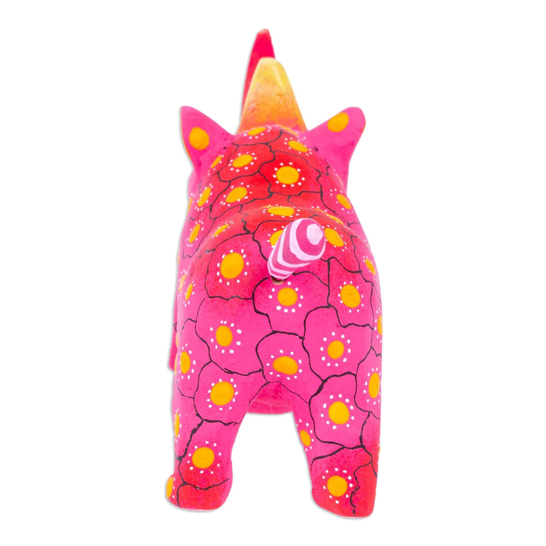 Mexican Hand-Painted Wood Alebrije Rhino Figurine in Pink - Cute Rhino in Pink