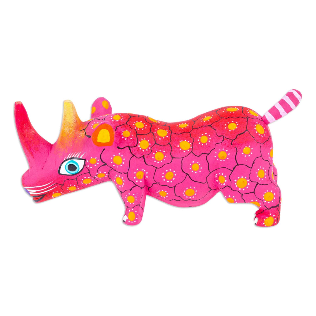Mexican Hand-Painted Wood Alebrije Rhino Figurine in Pink - Cute Rhino in Pink