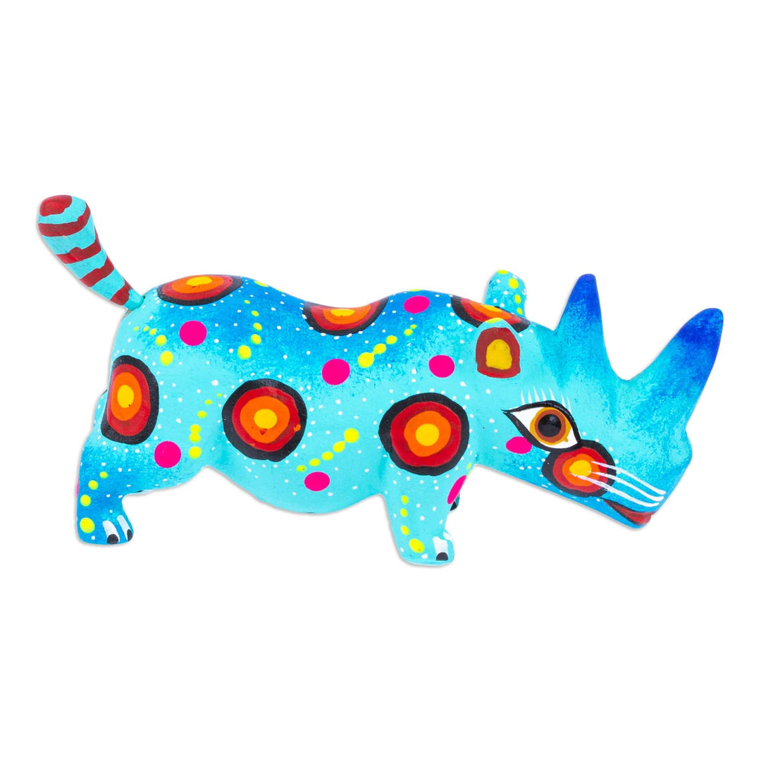 Mexican Hand-Painted Wood Alebrije Rhino Figurine in Aqua - Cute Rhino in Aqua