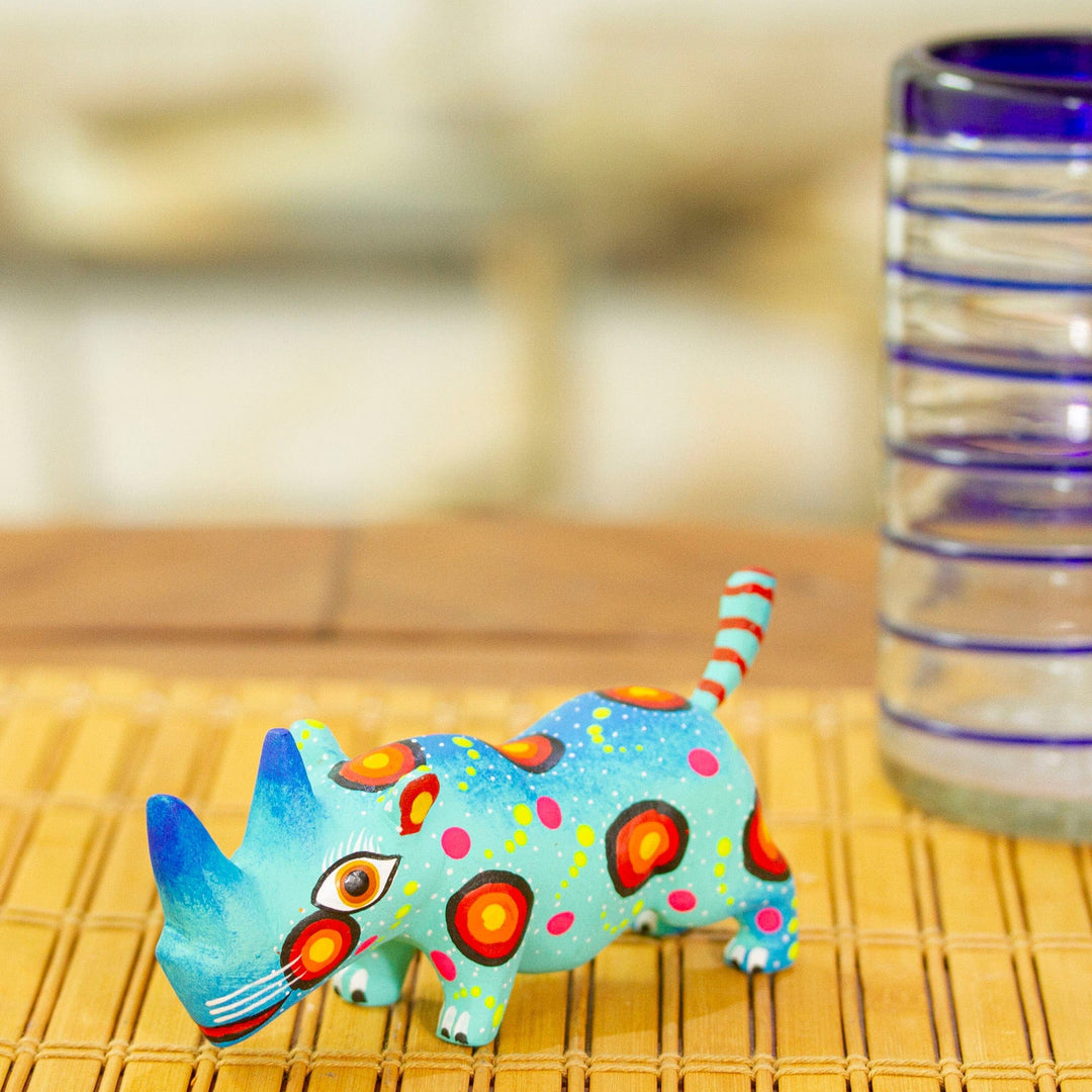 Mexican Hand-Painted Wood Alebrije Rhino Figurine in Aqua - Cute Rhino in Aqua