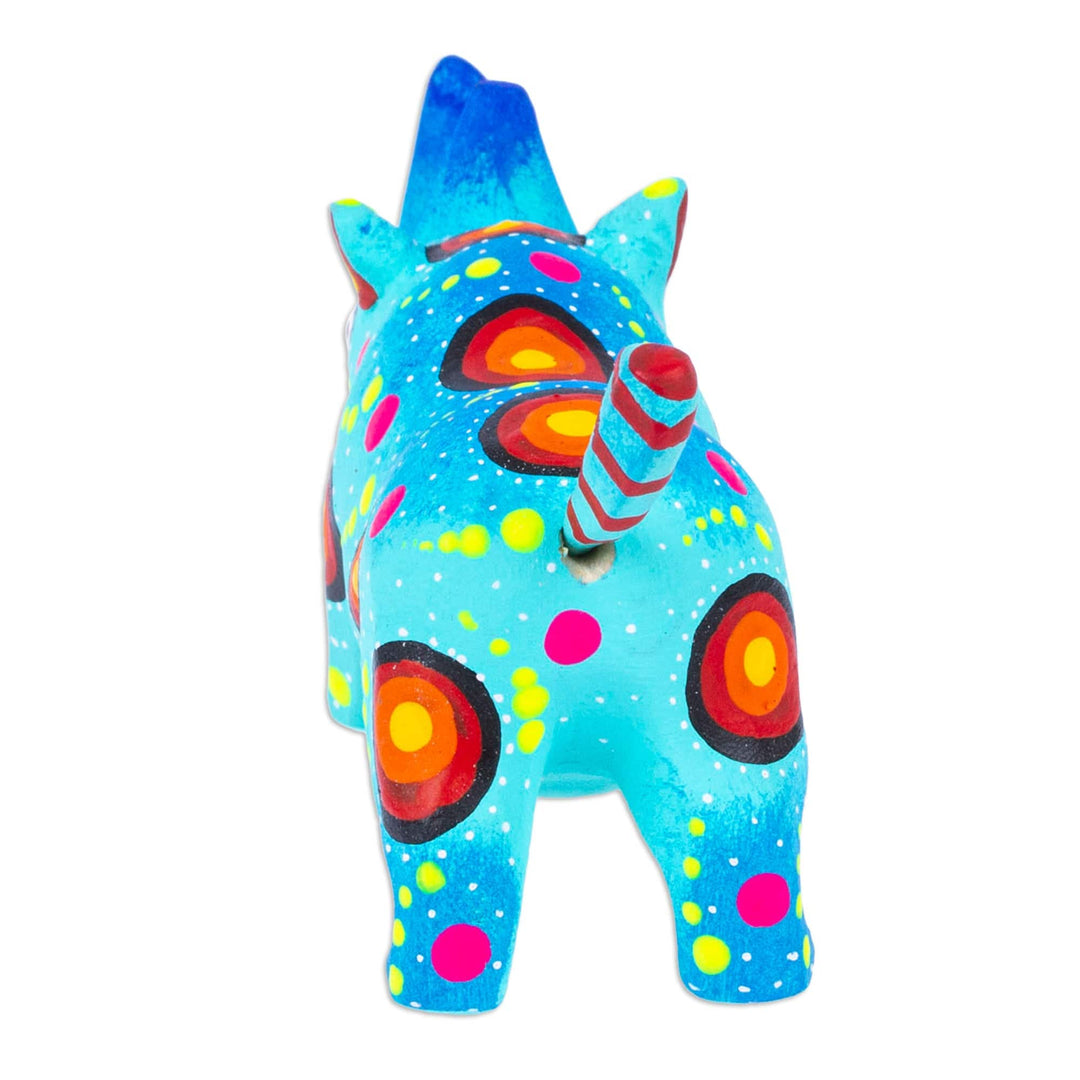 Mexican Hand-Painted Wood Alebrije Rhino Figurine in Aqua - Cute Rhino in Aqua