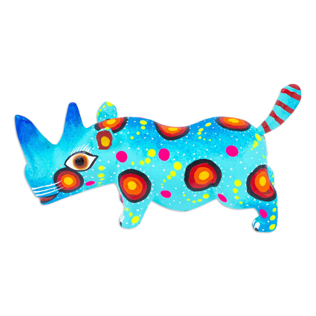 Mexican Hand-Painted Wood Alebrije Rhino Figurine in Aqua - Cute Rhino in Aqua