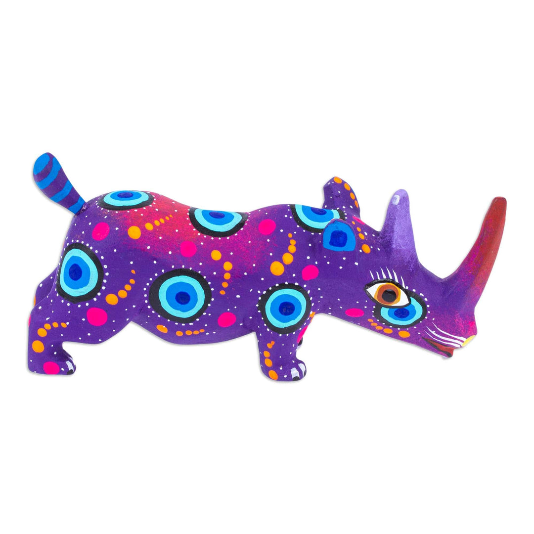 Mexican Hand-Painted Wood Alebrije Rhino Figurine in Purple - Cute Rhino in Purple