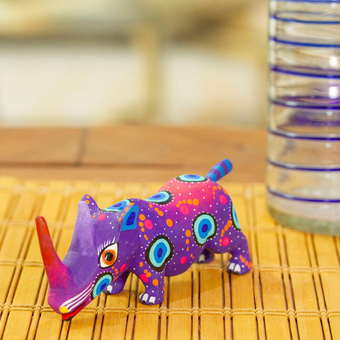 Mexican Hand-Painted Wood Alebrije Rhino Figurine in Purple - Cute Rhino in Purple
