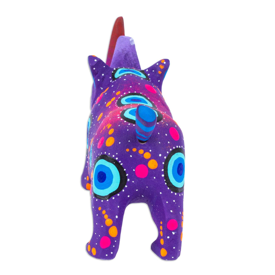Mexican Hand-Painted Wood Alebrije Rhino Figurine in Purple - Cute Rhino in Purple