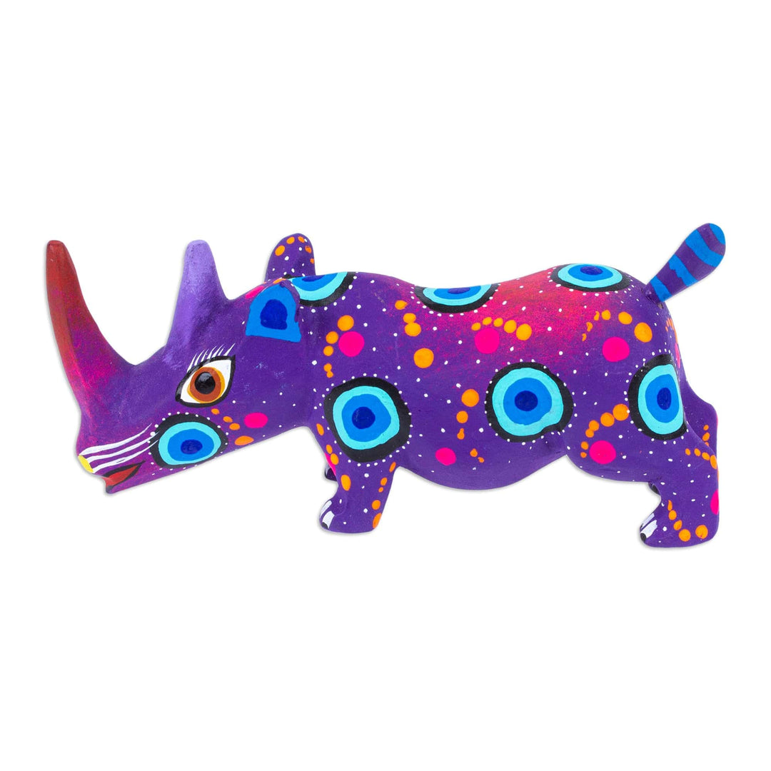Mexican Hand-Painted Wood Alebrije Rhino Figurine in Purple - Cute Rhino in Purple