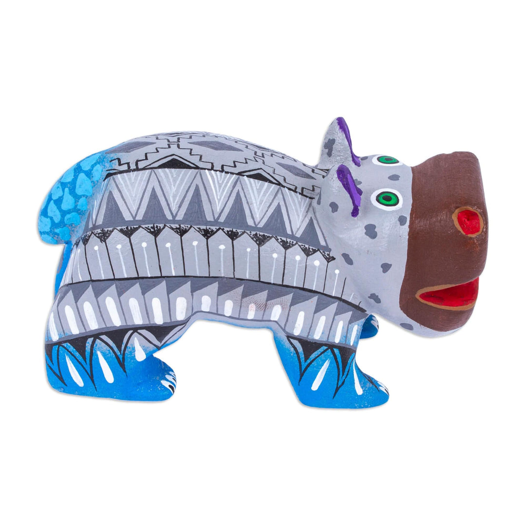 Mexican Hand-Painted Wood Alebrije Hippo Figurine in Grey - Cute Hippo in Grey