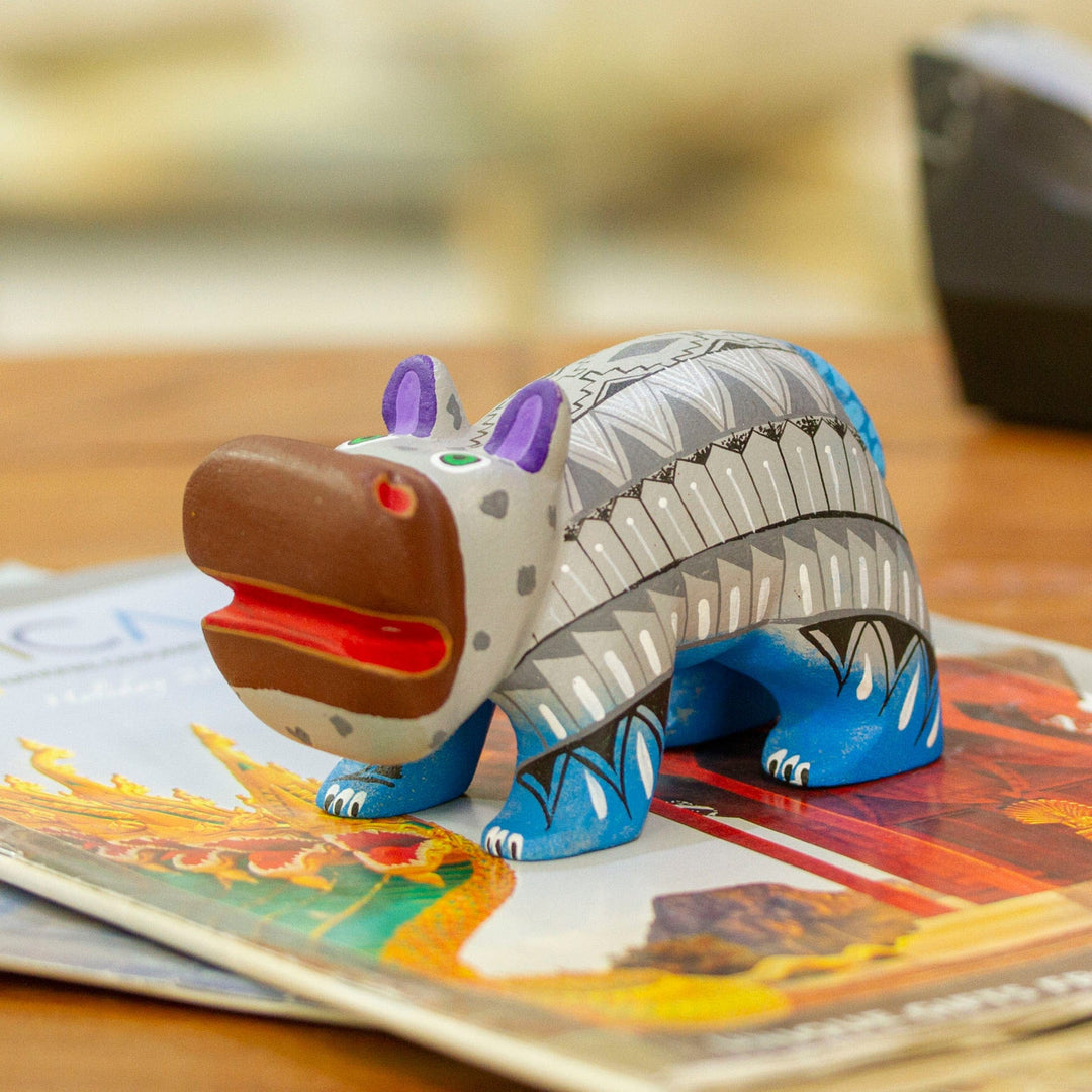 Mexican Hand-Painted Wood Alebrije Hippo Figurine in Grey - Cute Hippo in Grey