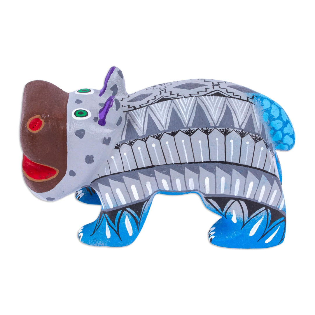 Mexican Hand-Painted Wood Alebrije Hippo Figurine in Grey - Cute Hippo in Grey