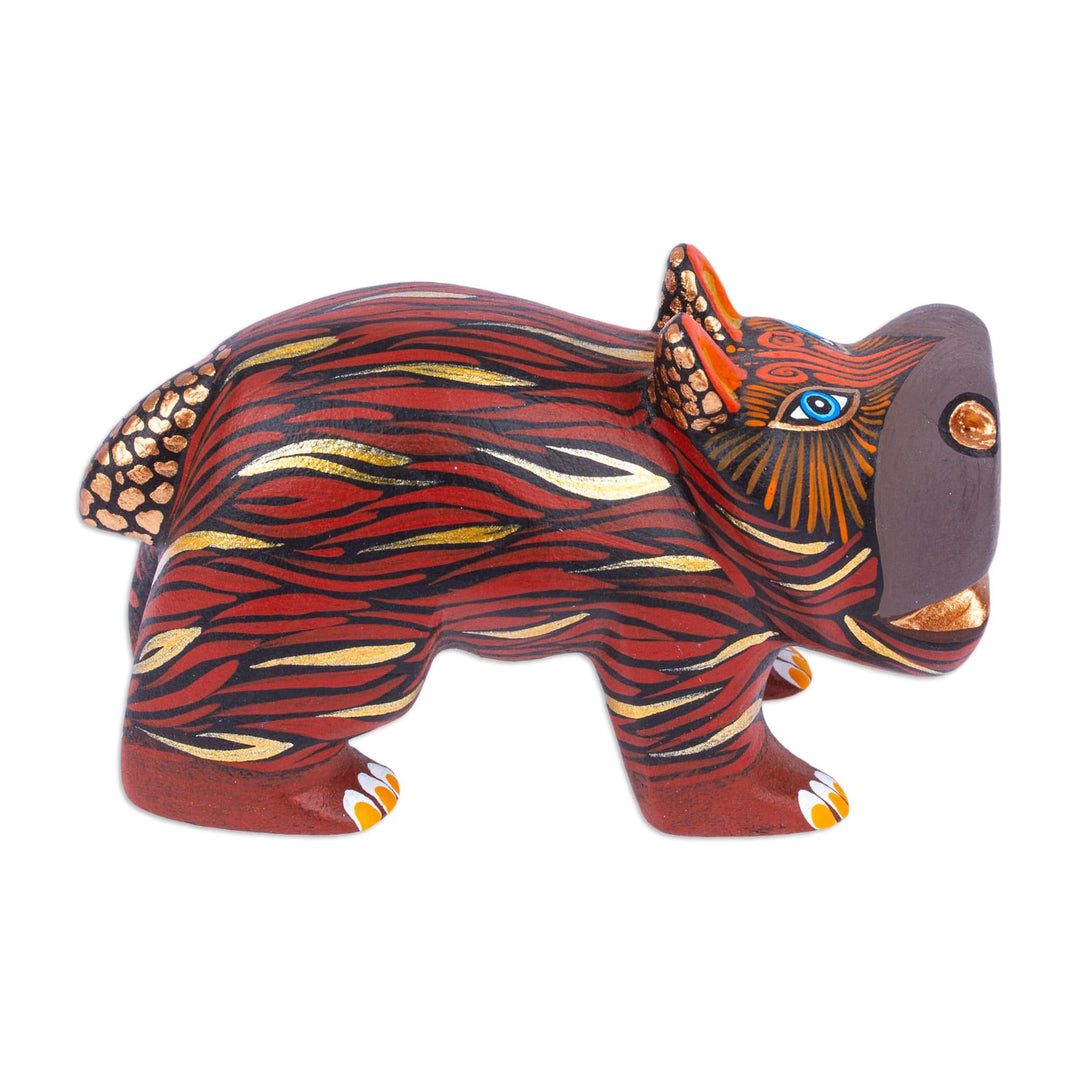 Mexican Hand-Painted Wood Alebrije Hippo Figurine in Brown - Cute Hippo in Brown