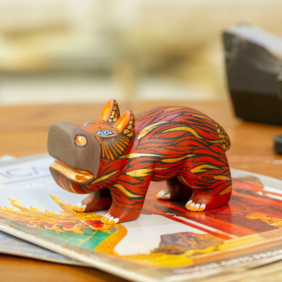Mexican Hand-Painted Wood Alebrije Hippo Figurine in Brown - Cute Hippo in Brown