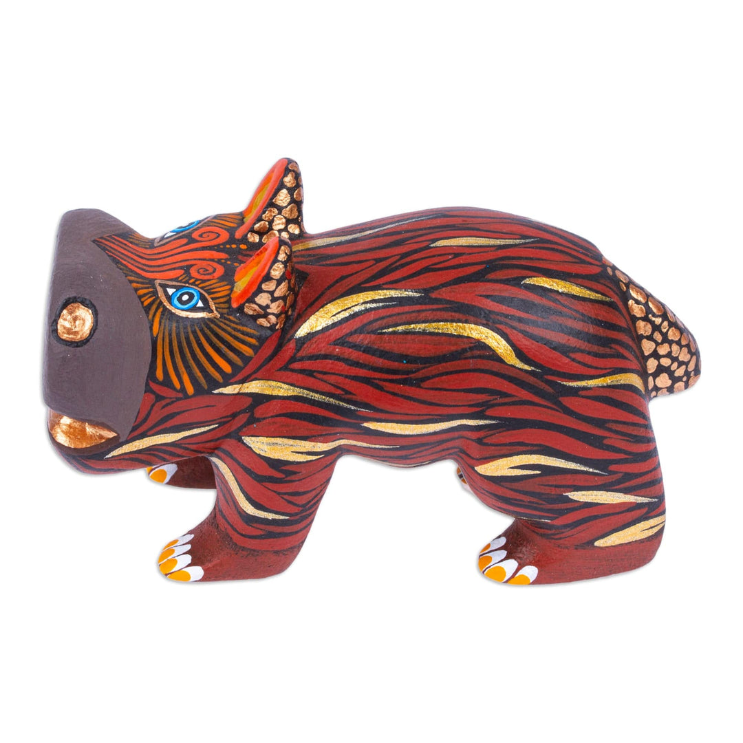 Mexican Hand-Painted Wood Alebrije Hippo Figurine in Brown - Cute Hippo in Brown