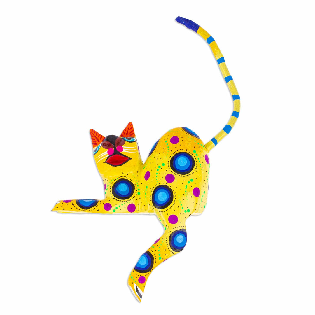 Yellow Cat Hand-Painted Wood Alebrije Shelf Sitter Figurine - Yellow Cute Cat