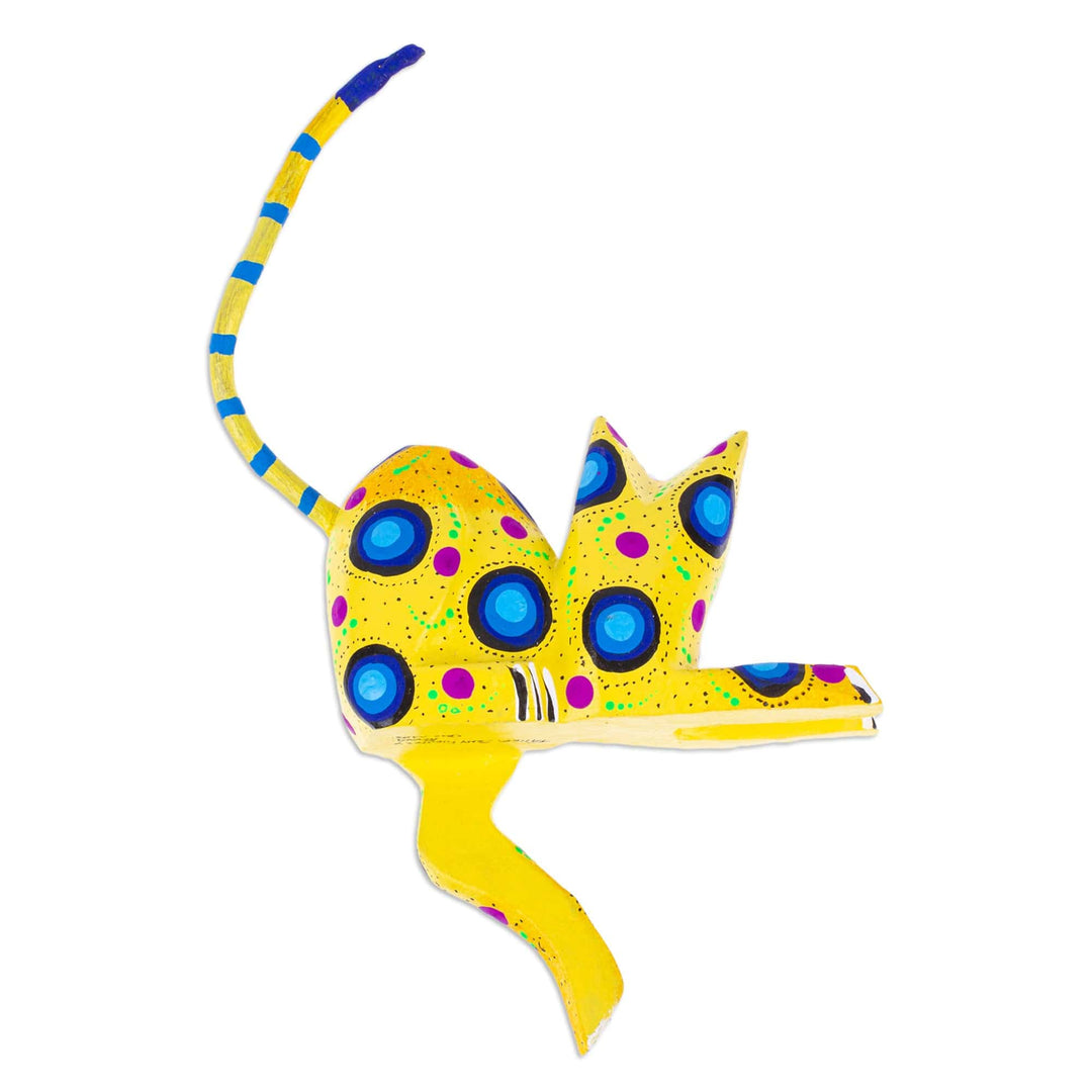 Yellow Cat Hand-Painted Wood Alebrije Shelf Sitter Figurine - Yellow Cute Cat