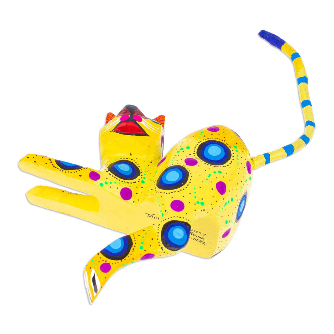 Yellow Cat Hand-Painted Wood Alebrije Shelf Sitter Figurine - Yellow Cute Cat