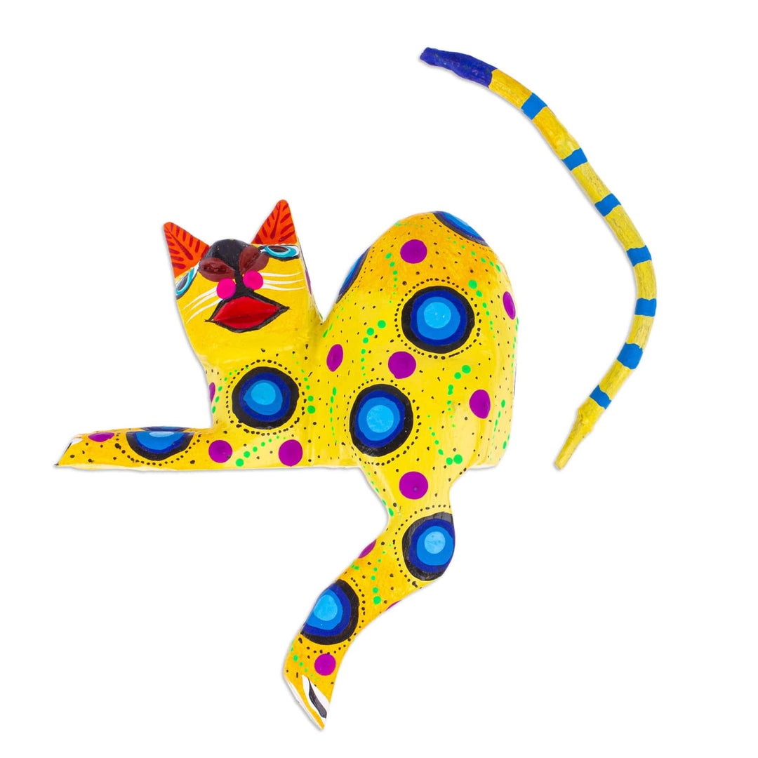 Yellow Cat Hand-Painted Wood Alebrije Shelf Sitter Figurine - Yellow Cute Cat