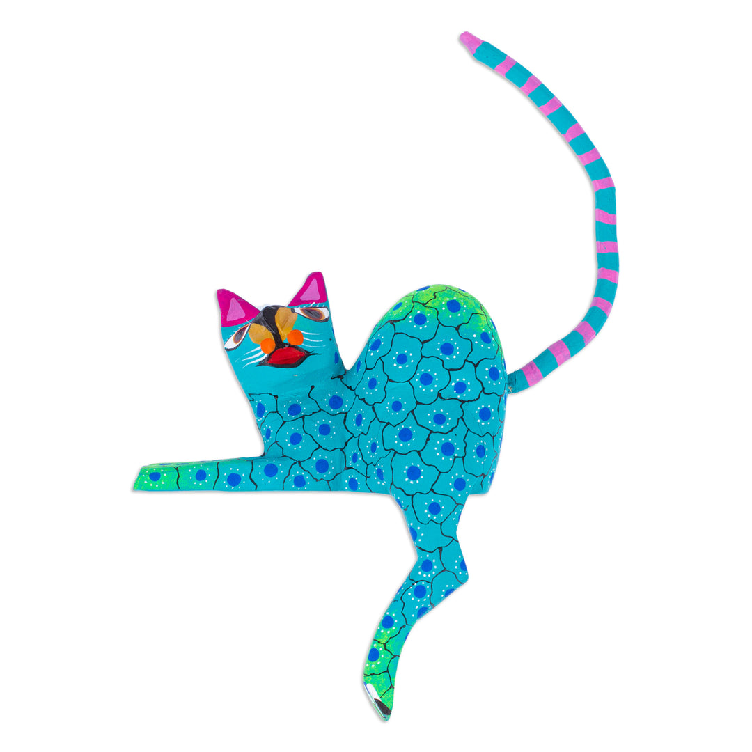 Aqua Cat Hand-Painted Wood Alebrije Shelf Sitter Figurine - Aqua Cute Cat