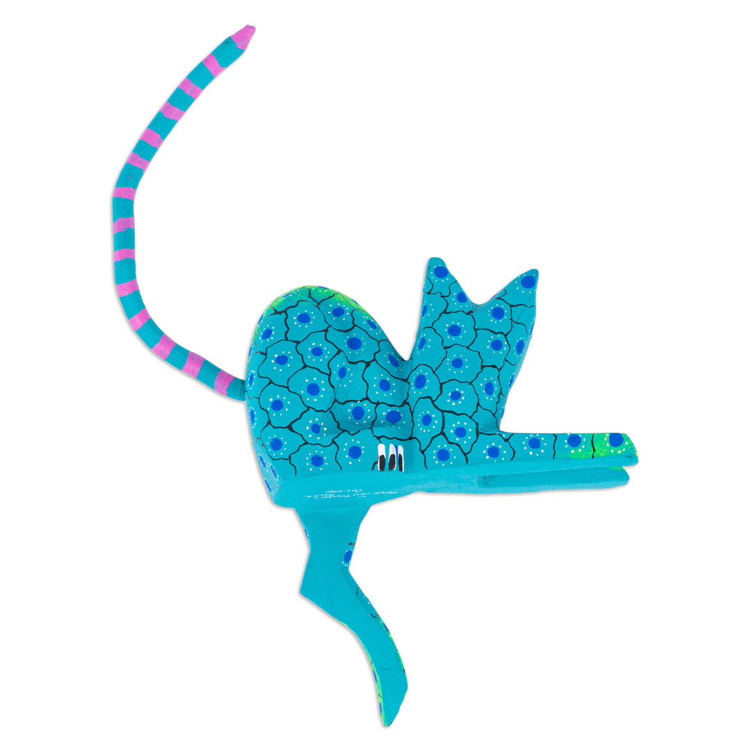 Aqua Cat Hand-Painted Wood Alebrije Shelf Sitter Figurine - Aqua Cute Cat