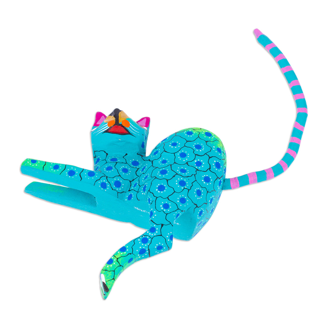 Aqua Cat Hand-Painted Wood Alebrije Shelf Sitter Figurine - Aqua Cute Cat