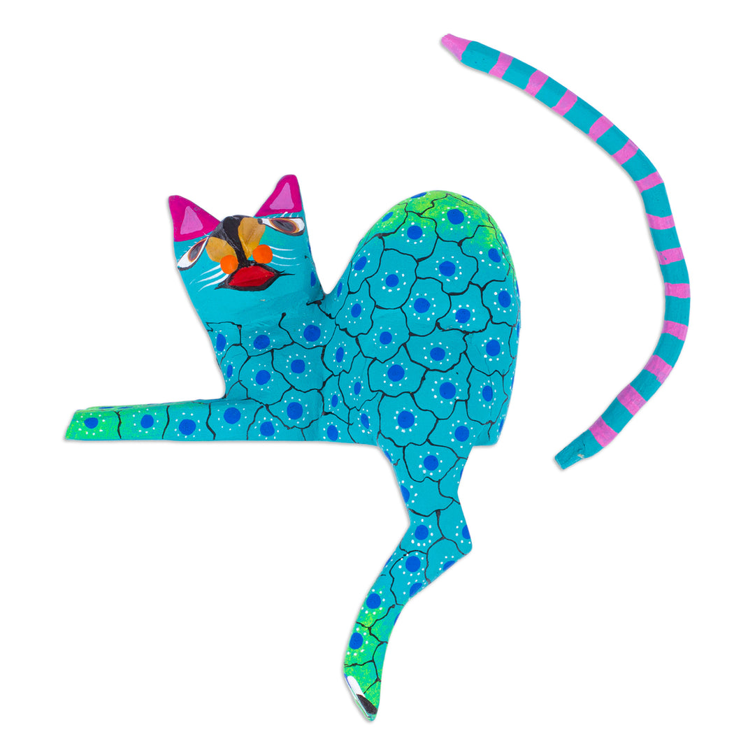 Aqua Cat Hand-Painted Wood Alebrije Shelf Sitter Figurine - Aqua Cute Cat