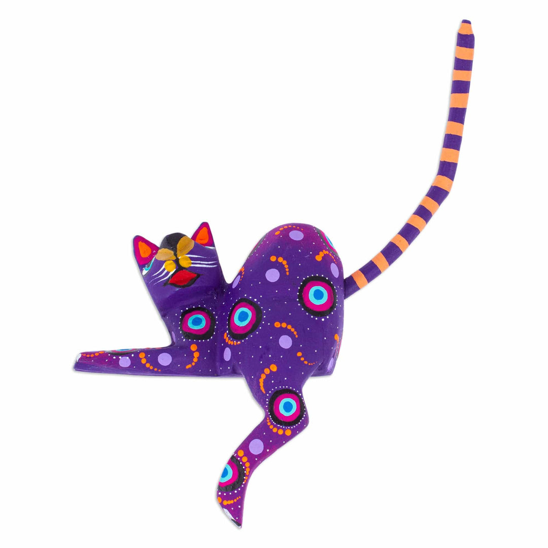 Hand-Painted Purple Copal Wood Alebrije Cat Figurine - Placid Feline in Purple