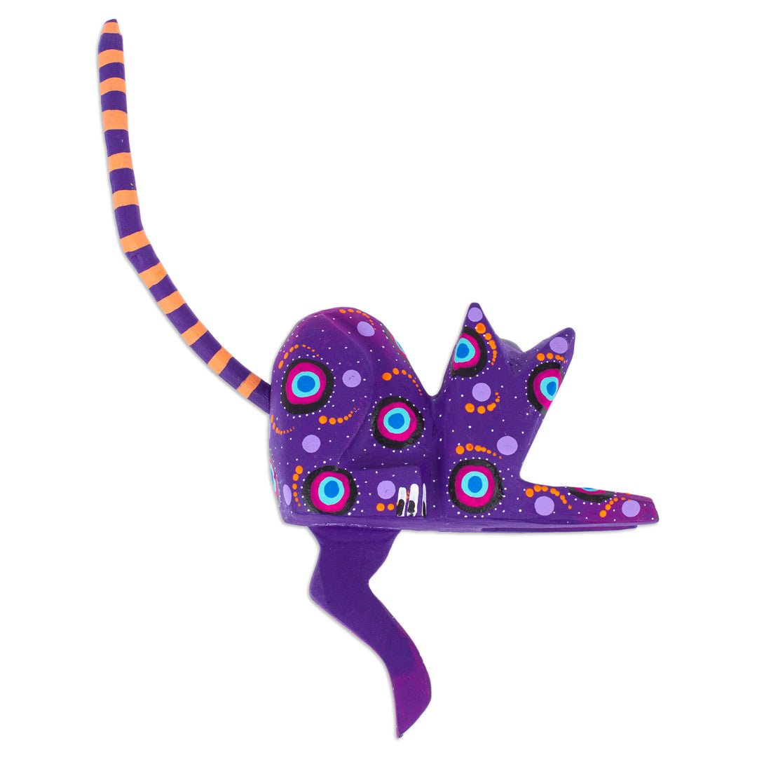 Hand-Painted Purple Copal Wood Alebrije Cat Figurine - Placid Feline in Purple