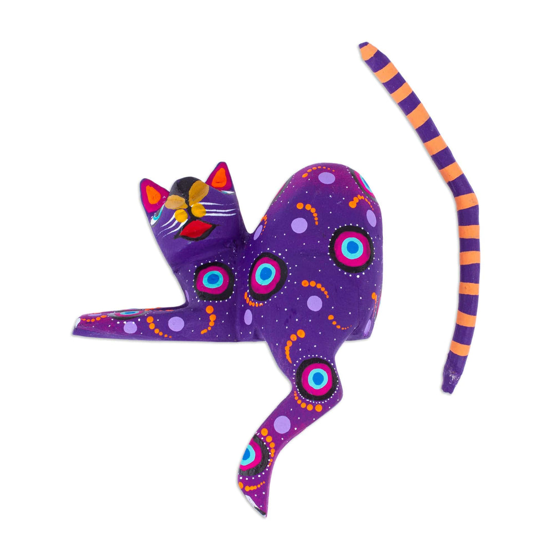 Hand-Painted Purple Copal Wood Alebrije Cat Figurine - Placid Feline in Purple
