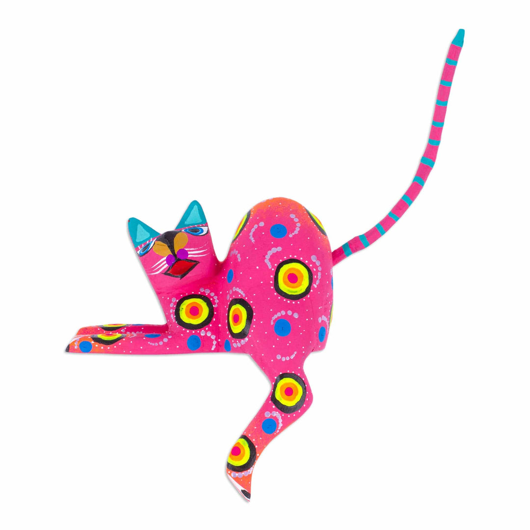 Hand-Painted Pink Copal Wood Alebrije Cat Figurine - Placid Feline in Pink