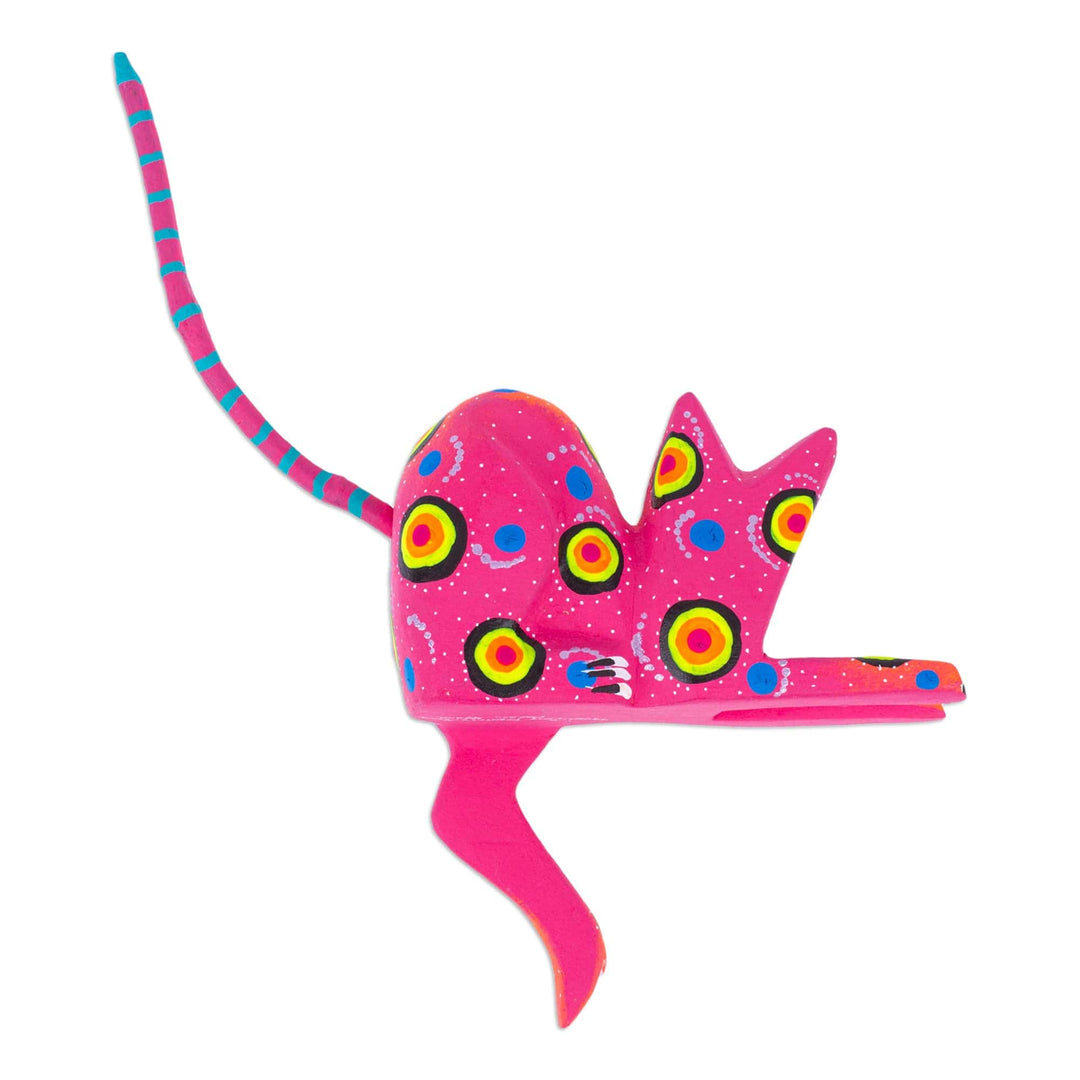 Hand-Painted Pink Copal Wood Alebrije Cat Figurine - Placid Feline in Pink