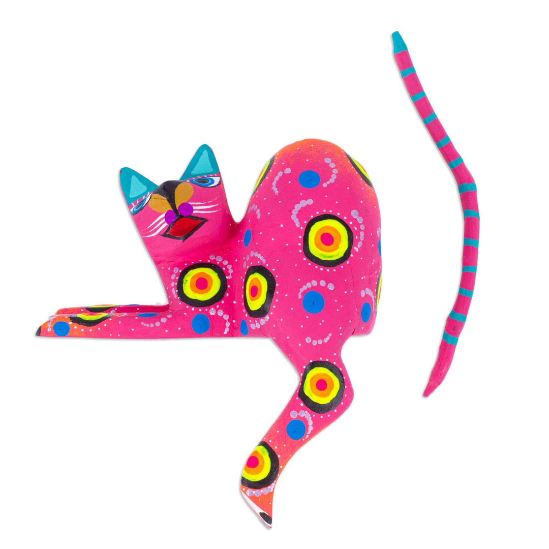 Hand-Painted Pink Copal Wood Alebrije Cat Figurine - Placid Feline in Pink