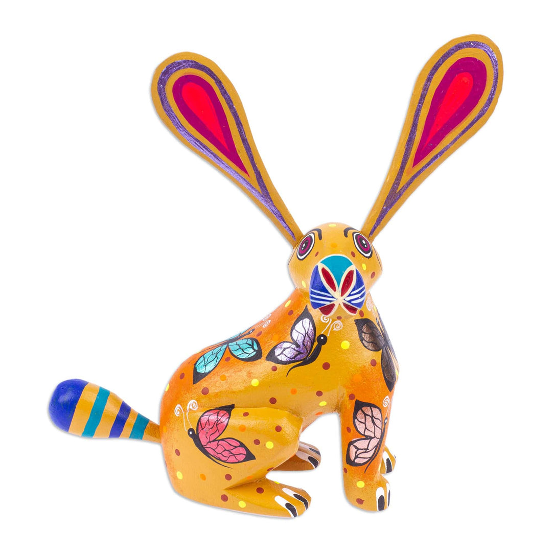 Butterfly-Themed Honey Copal Wood Alebrije Bunny Figurine - Fluffy Honey Ears