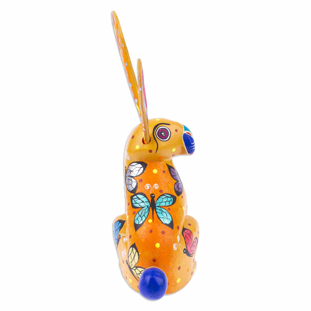 Butterfly-Themed Honey Copal Wood Alebrije Bunny Figurine - Fluffy Honey Ears