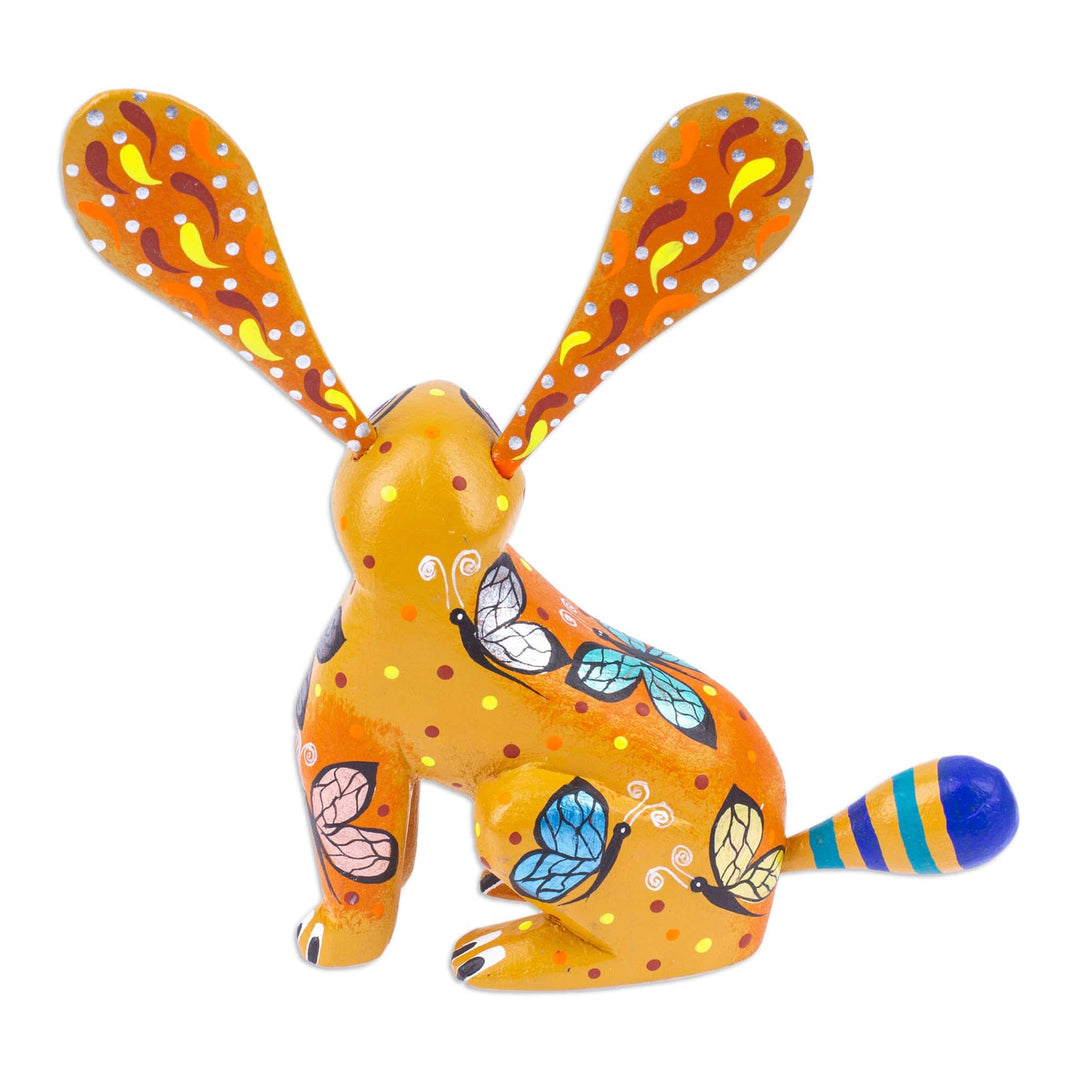 Butterfly-Themed Honey Copal Wood Alebrije Bunny Figurine - Fluffy Honey Ears