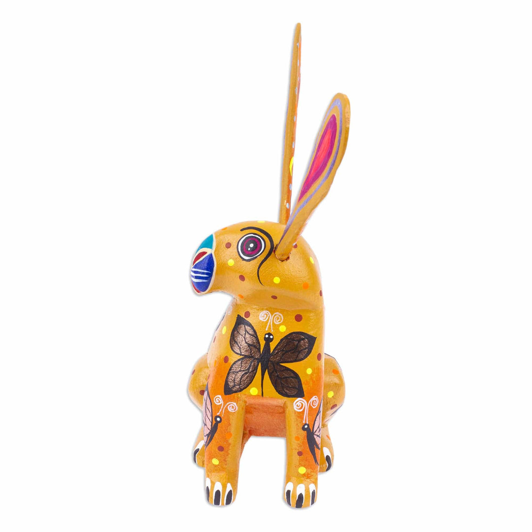 Butterfly-Themed Honey Copal Wood Alebrije Bunny Figurine - Fluffy Honey Ears