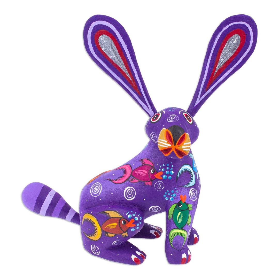 Marine-Themed Purple Copal Wood Alebrije Bunny Figurine - Fluffy Blue-Violet Ears