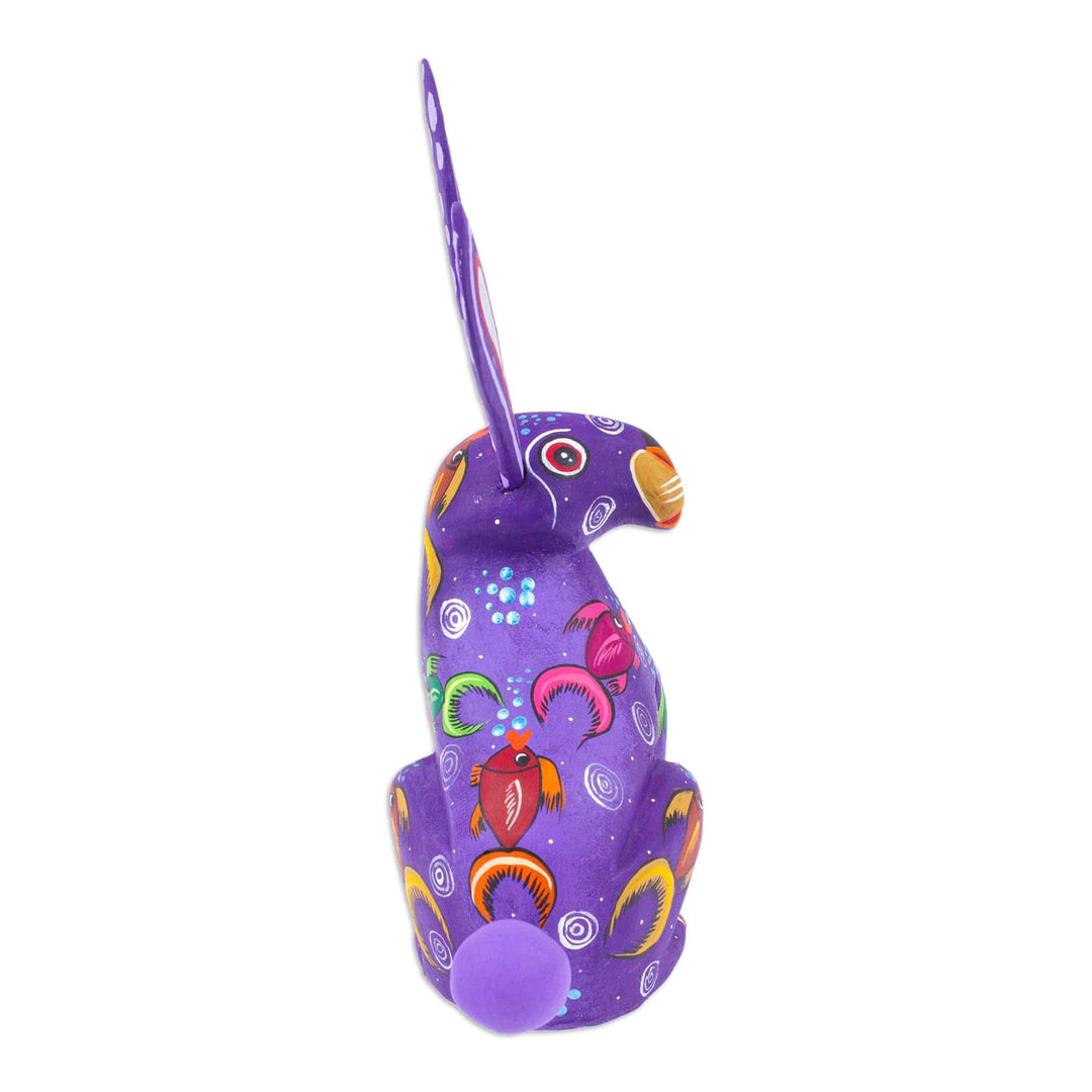Marine-Themed Purple Copal Wood Alebrije Bunny Figurine - Fluffy Blue-Violet Ears