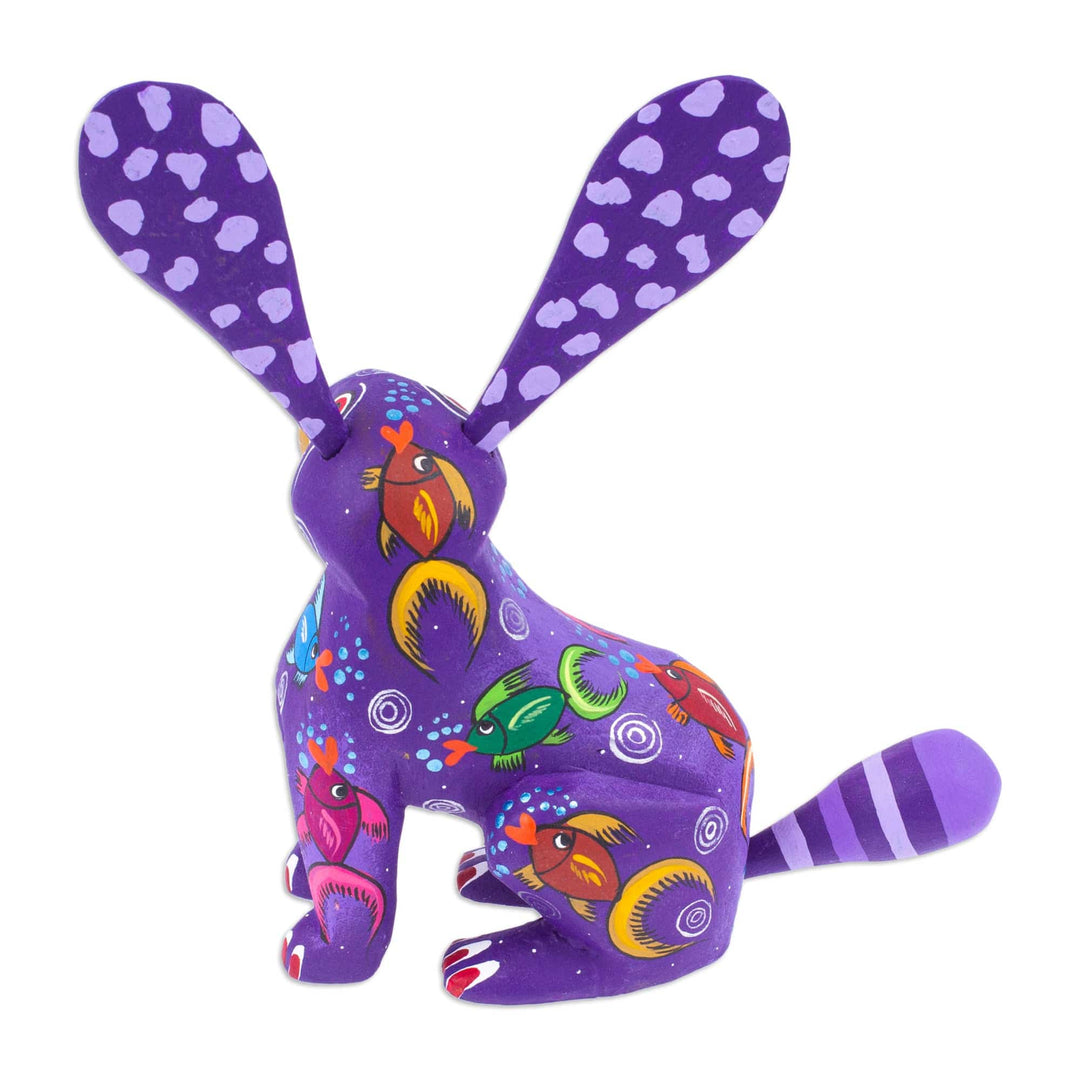 Marine-Themed Purple Copal Wood Alebrije Bunny Figurine - Fluffy Blue-Violet Ears
