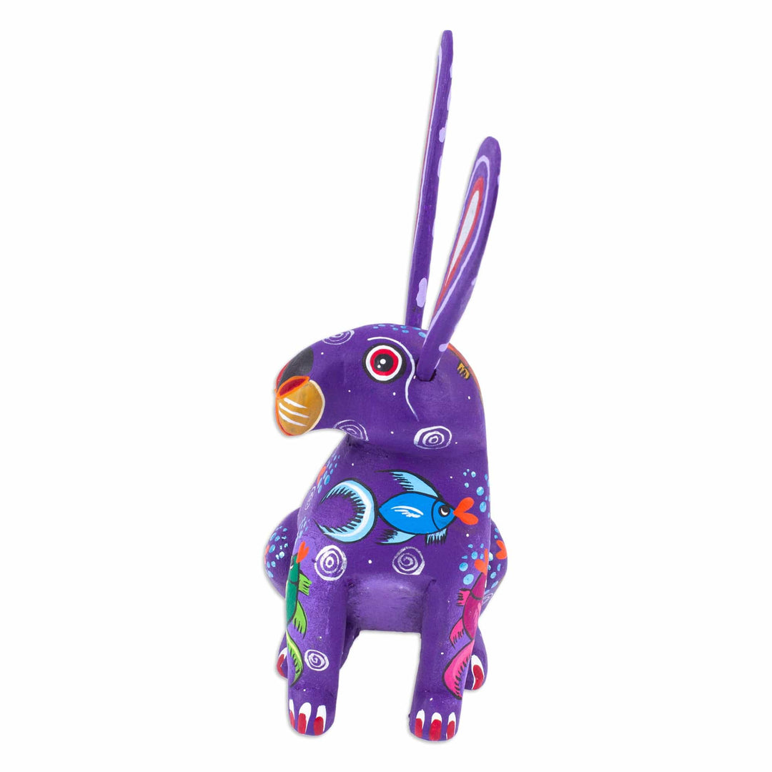 Marine-Themed Purple Copal Wood Alebrije Bunny Figurine - Fluffy Blue-Violet Ears