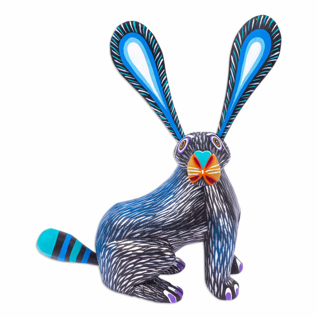 Blue and Black Copal Wood Alebrije Bunny Figurine - Fluffy Midnight Ears