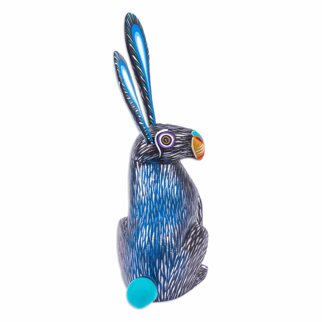 Blue and Black Copal Wood Alebrije Bunny Figurine - Fluffy Midnight Ears