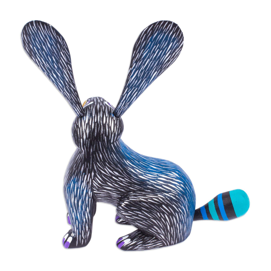 Blue and Black Copal Wood Alebrije Bunny Figurine - Fluffy Midnight Ears
