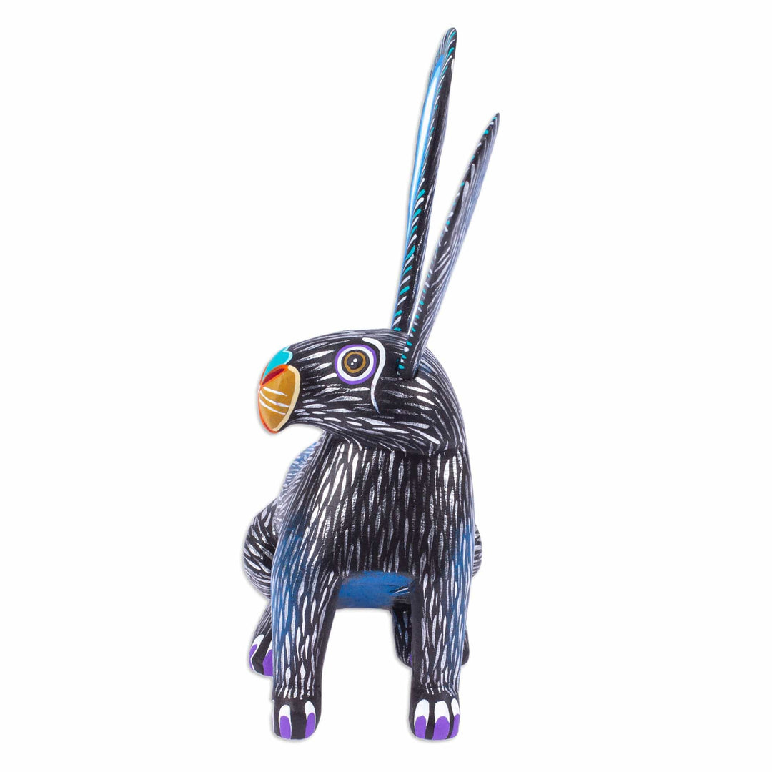 Blue and Black Copal Wood Alebrije Bunny Figurine - Fluffy Midnight Ears