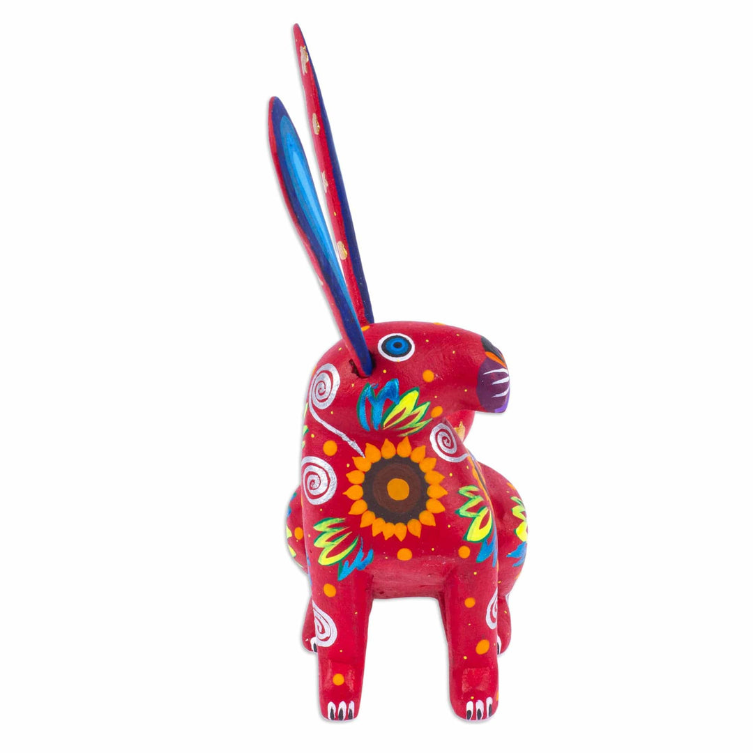 Floral Russet Copal Wood Alebrije Bunny Figurine from Mexico - Fluffy Russet Ears