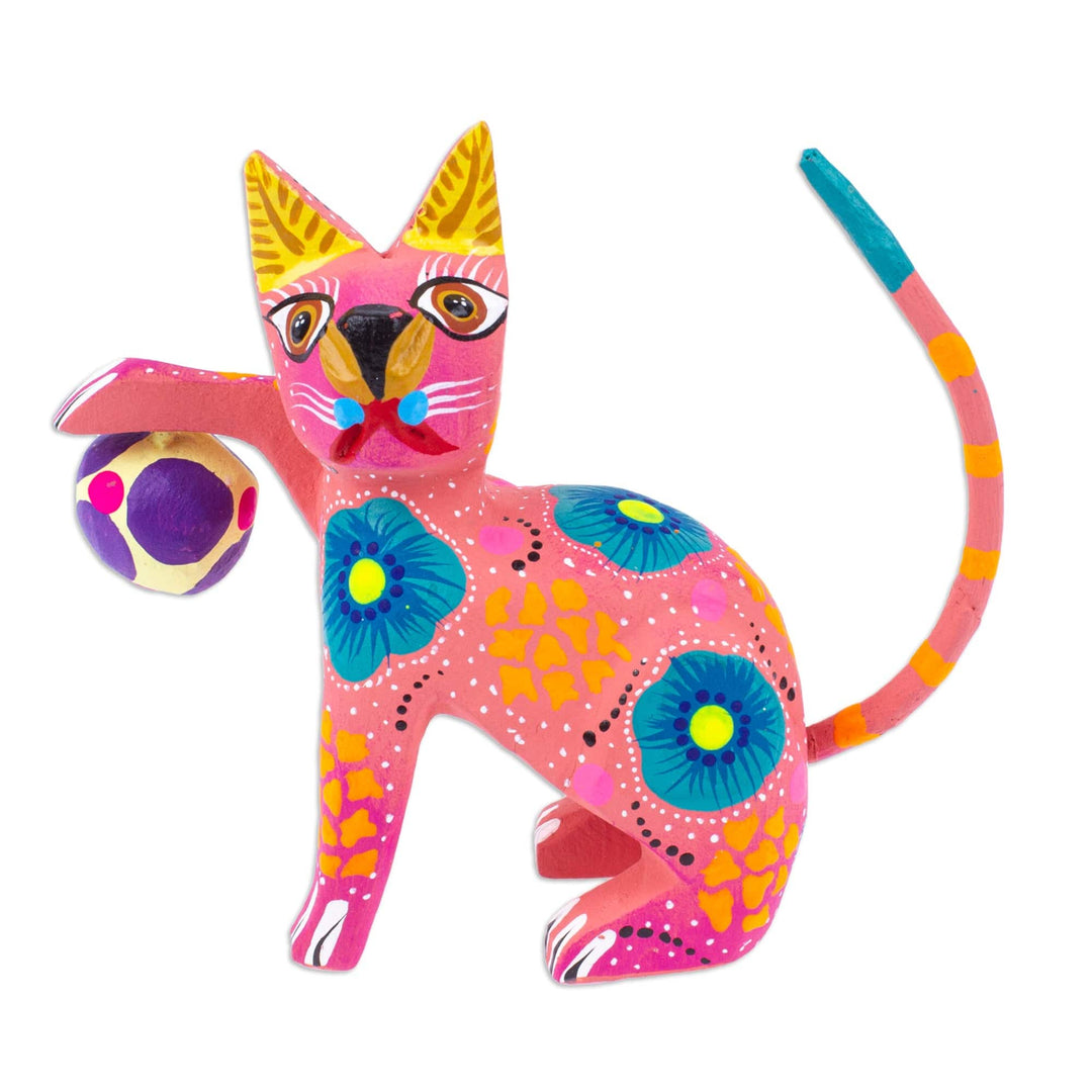 Hand-Painted Wood Alebrije Figurine of Cat Playing with Ball - Cute Cat with Ball