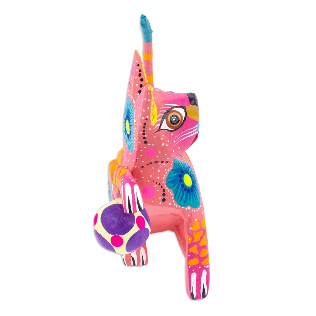 Hand-Painted Wood Alebrije Figurine of Cat Playing with Ball - Cute Cat with Ball