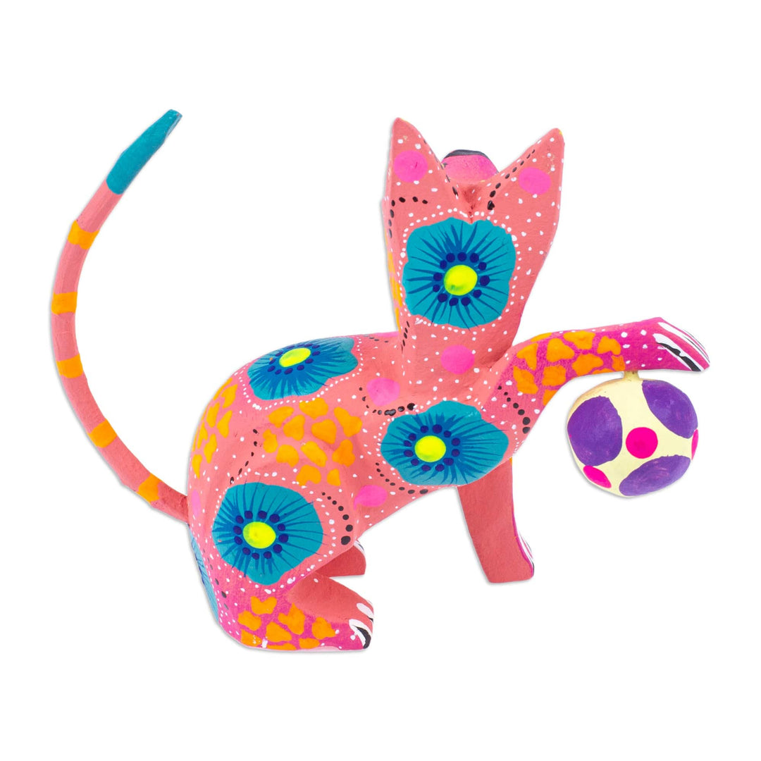 Hand-Painted Wood Alebrije Figurine of Cat Playing with Ball - Cute Cat with Ball