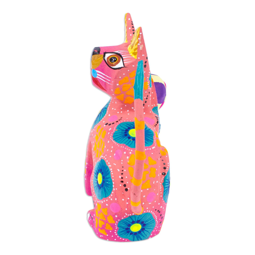 Hand-Painted Wood Alebrije Figurine of Cat Playing with Ball - Cute Cat with Ball