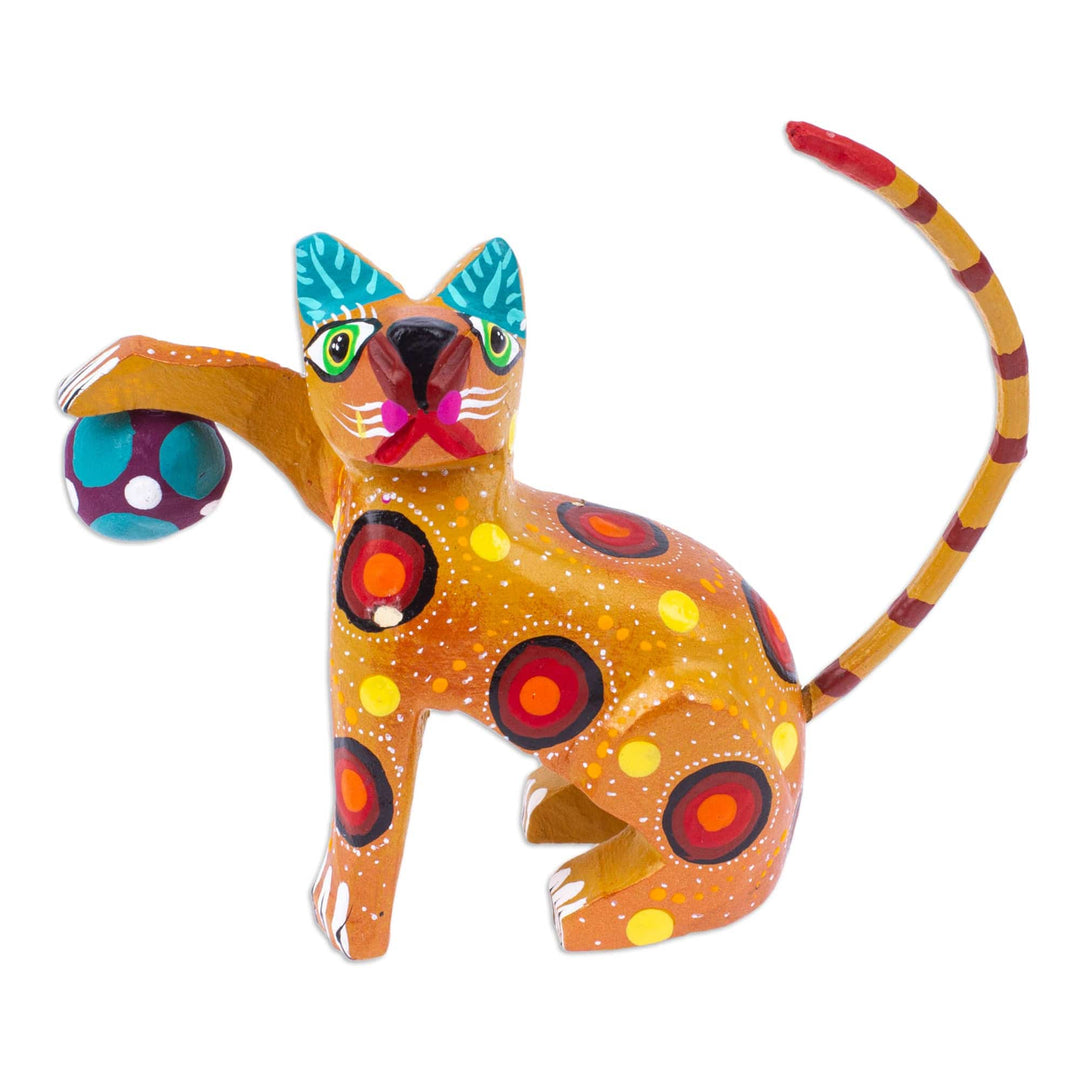 Painted Mustard Copal Wood Alebrije Cat Figurine with Ball - Feline Sport in Mustard